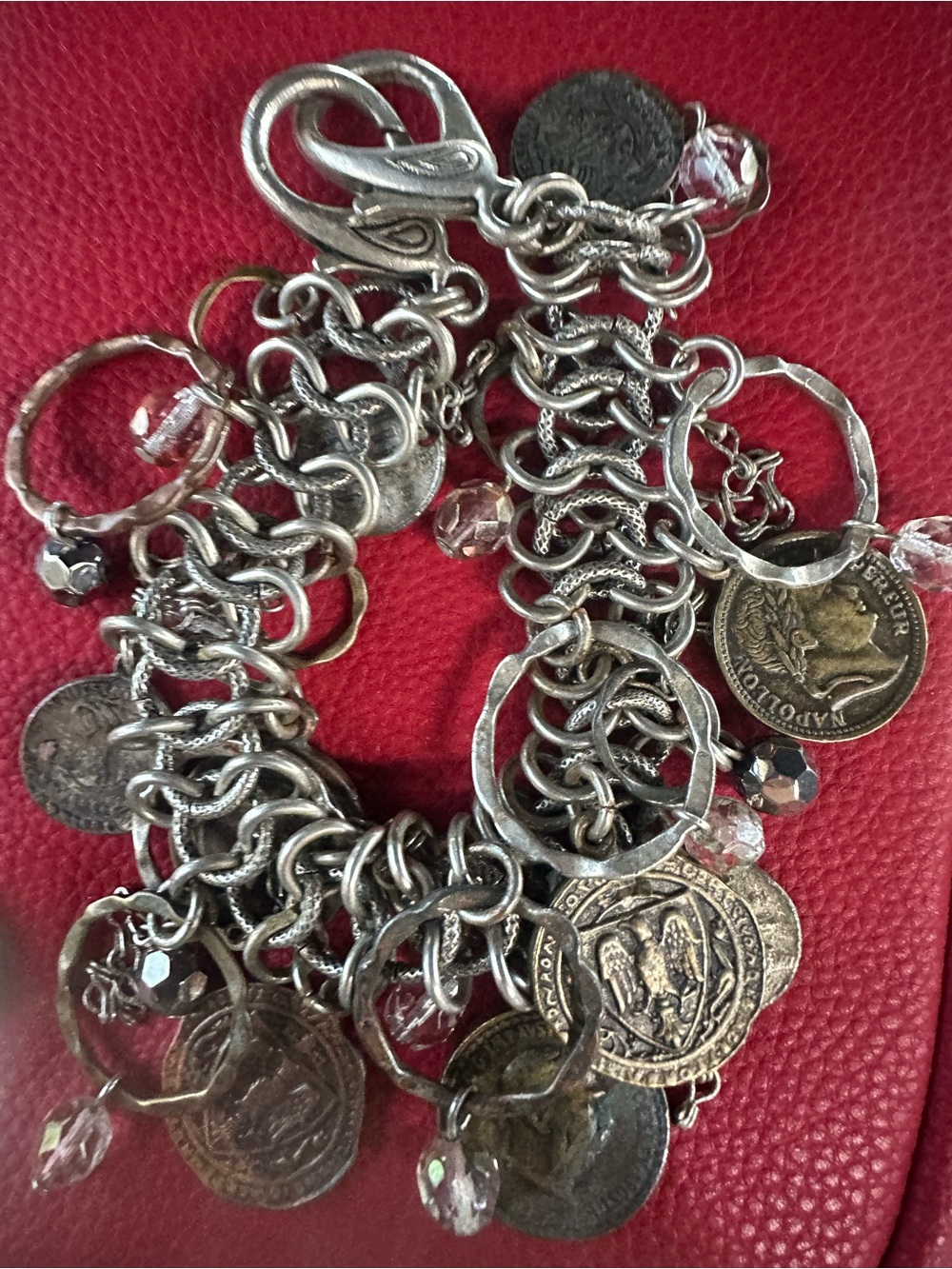 Antique Silver-Tone Coin Charm Bracelet with Clear Crystal Accents